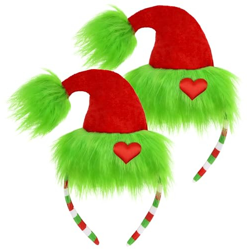 Vifcotlyp 2 Stück Haarreifen Weihnachten, Grünes Pelziges Stirnband mit Rotem Herz Weihnachten Kostüme Zubehör für Frauen Männer Karneval Cosplay