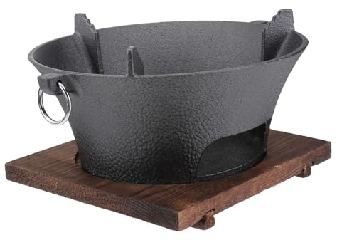 Extra Large 26cm Cast Iron Charcoal Barbecue Grill – Versatile Outdoor Cooker with Wooden Tray for Home & Camping – Random Color Options