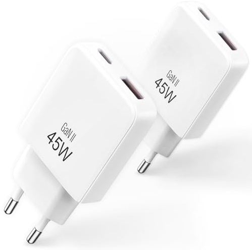 Set di 2 caricabatterie rapido 45 W compatto USB C e USB A - caricabatterie per iPhone 17 - ultima tecnologia GaN 2026 - presa di alimentazione per iPhone, Samsung e computer portatili - colore bianco