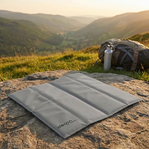ideoon Coussin d'assise pliable pour les déplacements - Tapis d'extérieur gris en tissu Oxford robuste - Imperméable et isolant pour la randonnée, le camping, le stade et la crèche