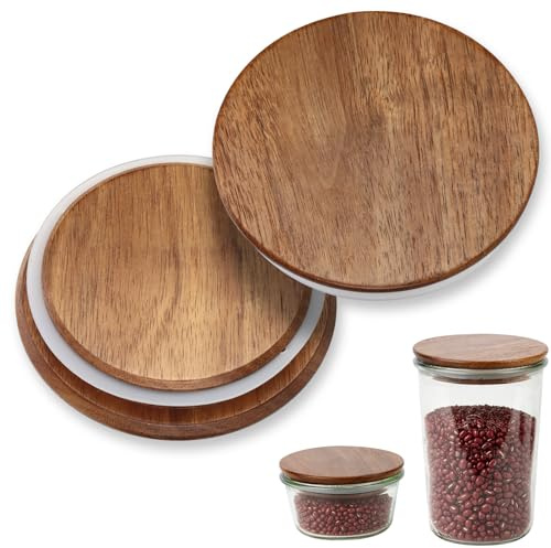 2 Stück Deckel für Weck Gläser mit Ø100 mm Akazienholz Tulpen Glasdeckel mit Silikon Luftdichte Holzdeckel Wiederverwendbar Passend für Weck Glasmodelle 738 739 740 741 742 743 744 745 748 974