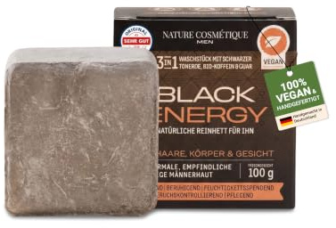 Nature Cosmétique® Men 3-in-1 Waschstück BLACK ENERGY Männer-Seife (frisch, würzig, holzig) – Bio-Kokosöl, Koffein & Tonerde für Haar, Bart, Körper – Duschseife, Naturseife, Feste Seife – Handgemacht
