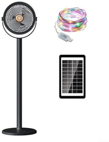 Ventilador de pie recargable solar con batería de 4000 mAh, 5 velocidades, ajuste de 360°, RGB para iluminación para uso en interiores y exteriores (negro)