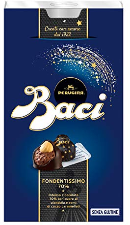 Baci Perugina Fondentissimo 70 % Cioccolatini al Cioccolato Fondente Extra Ripieni al Gianduia e Nocciola Intera, 200 g