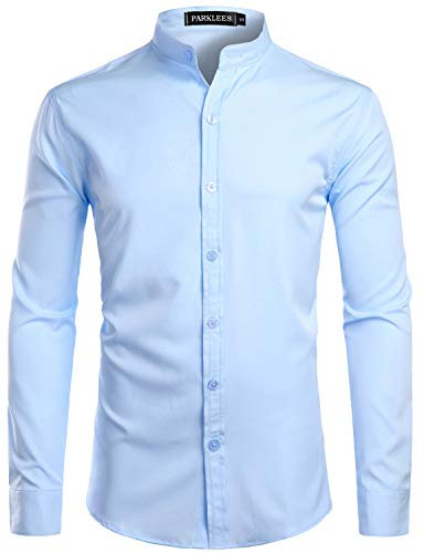 PARKLEES Men's Slim Fit Long Sleeve Button Up Casual Band Collar Shirts CL08 Light Blue L