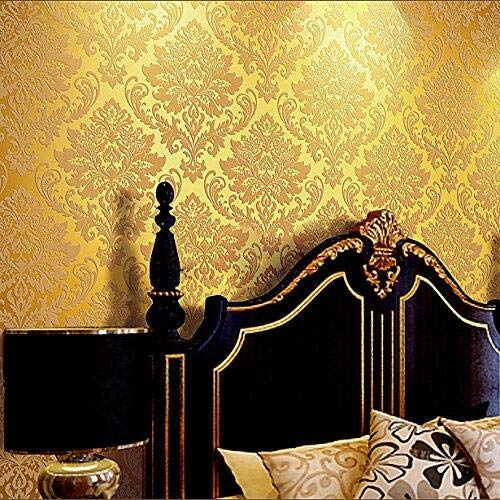 Rouleau de papier peint YangYun de européen vintage damassé en PVC texturé pour décoration de la maison, salon, chambre à coucher, 0,53 m x 10 m = 5,3 m², PVC, or jaune, 1.73' W x 32.8' L