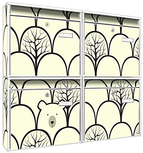 banjado Briefkastenanlage 4 Fach - Postkästen groß - verzinkter Stahl weiß DIN A4 Motiv Waldbeeren - Briefkasten Set 4 Briefkästen Namensschild, 2 Schlüssel, Montagematerial