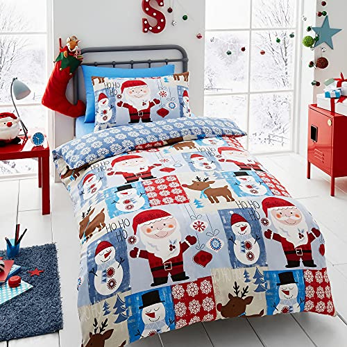 Happy Linen Company Boys Girls Kids Christmas Santa Patchwork Blue Double Reversible Duvet Cover Bedding Set