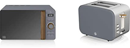 Swan Nordic Micro-ondes numérique 20 L, 6 niveaux de fonctionnement, 800 W puissance, minuterie 30 min & Nordic Grille-pain à fente large 2 tranches 3 fonctions 6 niveaux de grillage Design moderne