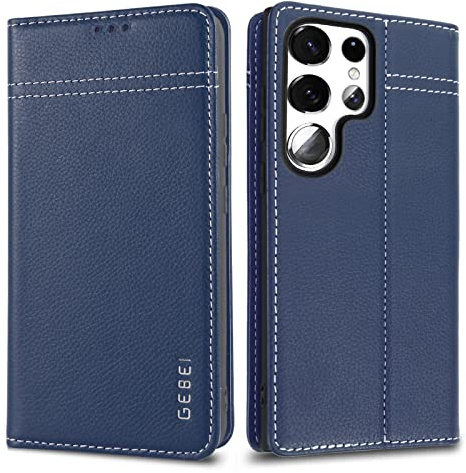 Gebei Hülle Echt Leder für Samsung Galaxy S23 Ultra 5G - Premium Echte Lederhülle mit Standfunktion und Kartenfach Flip Case Ledertasche Handyhülle Schutzhülle Klapphülle - Blau