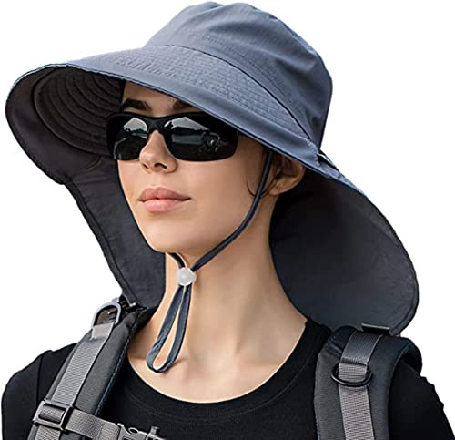 MAKFORT Chapeau de plage pour femme - Large bord - Protection UV - Imperméable - Avec grande protection du cou - Pour queue de cheval, Gris foncé., 6 7/8/7 1/8