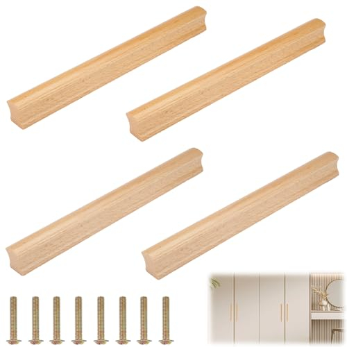 TESSTSY 4 stycken skåphandtag, trä, möbelhandtag, 192 mm, hålavstånd, trähandtag för skåp och köksskåp, massiva möbler, med 8 skruvar, för dörr och lådor