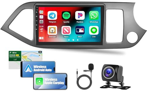 CAMECHO 2+64G Android 13 Apple Carplay Car Stereo for Kia Picanto Morning 2011-2017 Double Din 9 Inch Touch Screen Car Stereo with Sat Nav Bluetooth RDS HiFi WiFi SWC+Backup Camera+MIC