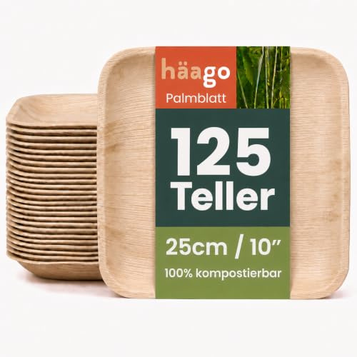 HAAGO 125 quadratische Palmblatt-Teller, 25 cm – stabile Einwegteller für warme & kalte Speisen, Party & Grillen – kompostierbar, für Mikrowelle, Backofen & Gefrierschrank, Holzteller-Optik