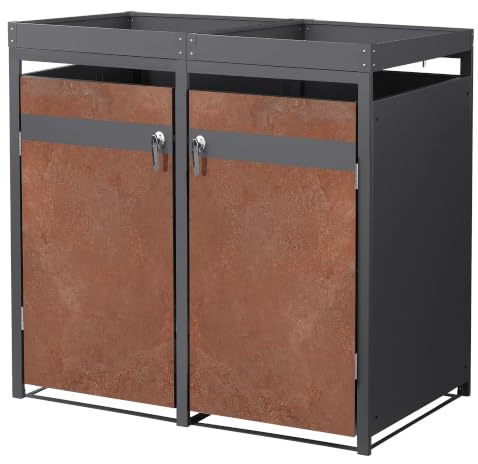 ML-Design Box Double pour 2 Poubelles avec Toit Végétal, jusqu'à 240L, 132x80x124 cm, Acier/Acier Corten, Anthracite/Aspect Rouillé, Résistant aux Intempéries, Habillage Verrouillable, Conteneur Abri