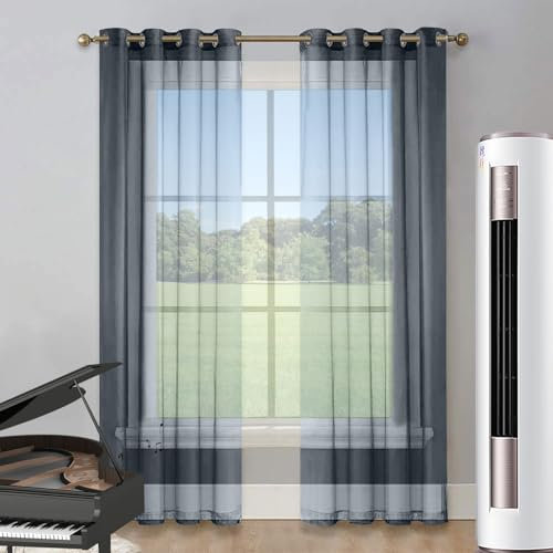 LIUNADM Voile Scheibengardine 125 x 145 cm Größe Und Farbe Wählbar Querbehang Gardine Durchsichtig Tüllstoff für Wohnzimmer Landhaus Kleine Fenster, Grau