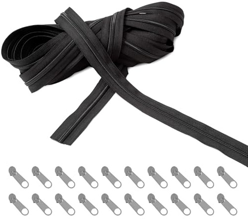 Oändlig dragkedja svart med dragkedja, 5 mm 10 m dragkedja, blixtlås, med 20 metallreglage, svarta dragkedjor, nylon ändlös dragkedja, för väskor, kläder, sängkläder kuddar etc