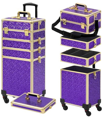 Somduy Rolling Makeup Case, Makeup Train Case with Lid, 5 in 1 Cosmetology Case on Wheels, Christmas Gift, Large Makeup Organizers, Profesional Cosmetic Case for Salon Barber, Purple Gold
