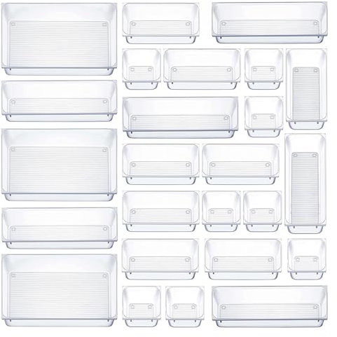 KASFDBMO Set mit 25 stapelbaren Schubladen-Organizern, Tabletts, Schlafzimmer, Küche, Schublade, Organizer, Set, mehrere Größen, Ablagetablett