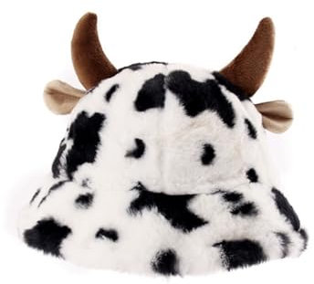 Baumwolle Fischerhut mit Kuh Horn, Kuh Druck Damen Sonnenhut Mode Hut Warme Fischerbecken Kopfumfang 56-60cm Faltbar Wanderhut Gartenhut Anglerhut (Schwarz,58)