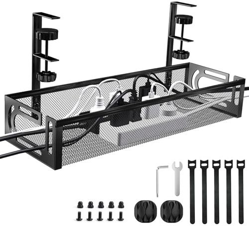 Under Desk Cable Management Tray, Metal Cable Management,No-Drill Mesh Wire Organiser with Clamp, Wire Holder Side Opening Design, Cable Tidy Basket, for Office and Home-Design2