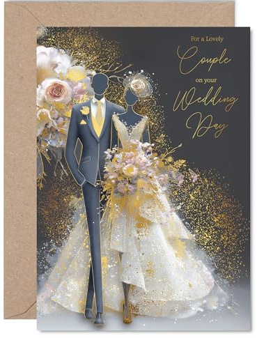 Gold Couple Wedding Card - Elegant Bride & Groom - Golden Happy Wedding Card for Couple from Friends Family, A5 Marriage Congrats Well Done Greeting Cards