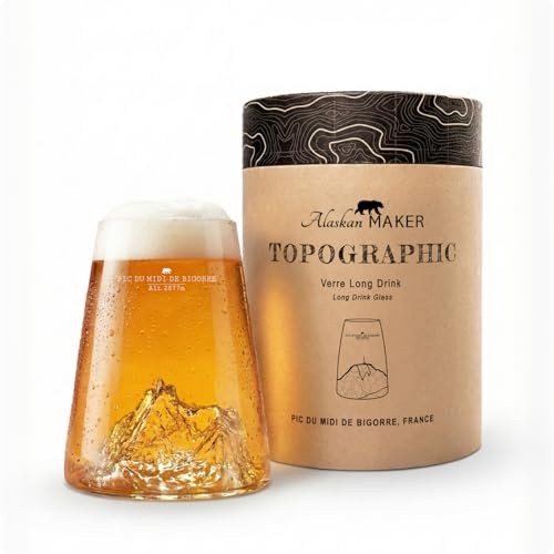 Alaskan MAKER Vaso alto 450ml - Borosilicato de alta calidad soplado artesanalmente con montañas en relieve | Cóctel, cerveza o refresco TOPOGRÁFICO (Pico del Midi de Bigorre)