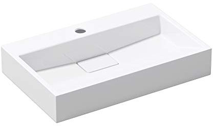 doporro Lavabo da Appoggio Lavabo Bagno Rettangolare Sospeso da 60cm Bianco Lucido, Lavandino Bagno da Minerale Fuso con Un Foro per Rubinetto 60x38x11 cm, Set di Scarico Incluso Colossum19