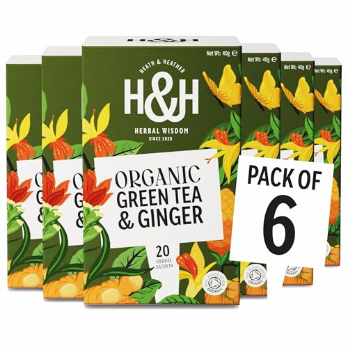 Heath & Heather - Organic Green Tea with Ginger • Invigorating Herbal Fusion with a Zingy Kick • Antioxidant-Rich • Vegan • Multipack 6 x 20 Boxes (120 Tea Bags) | Organic Green Tea with Ginger • Antioxidant Green Tea • Herbal Infusion • 6 x 20 Boxes (120 Tea Bags)