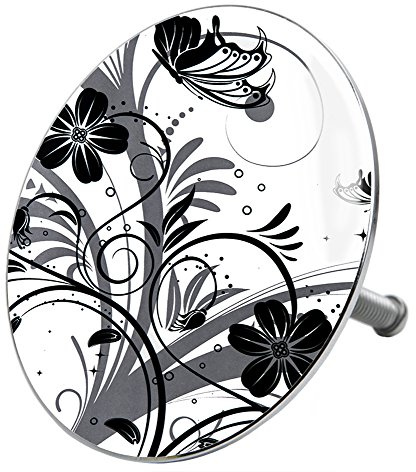 Sanilo Badewannenstöpsel Black Flower, Stöpsel für die Badewannen deckt den kompletten Abflussbereich ab, universal mit Motiv