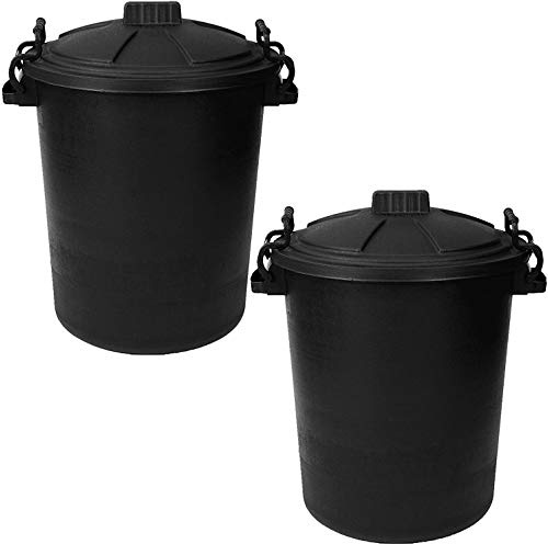 OptiProducts 2 x 80/85L HEAVY DUTY BLACK PLASTIC RUBBISH REFUSE BIN WASTE W/LOCKING LID