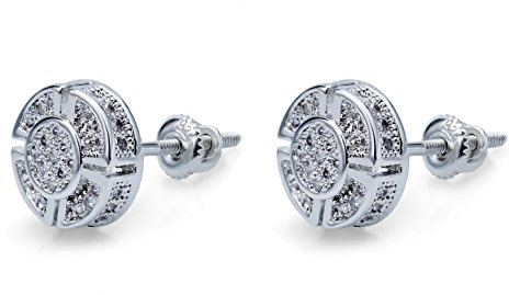 TOPGRILLZ Screw Back Earrings 14K Gold Plated 5A+ Cubic Zirconia Cluster Round Screw On Stud Earrings For Men Women Aretes De Hombre-Small Silver Plated