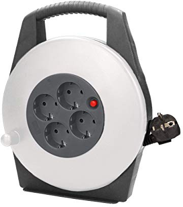 Orno AE-13113(GS)/G Mini Kabeltrommel 10m mit 4 Steckdosen, Stander und Kindersicherungskontakte, 2300W / 10A, 230V, 50Hz,Abmessungen 22.5 x 28 x 8 cm