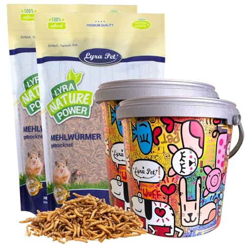 Lyra Pet® | 2 x 10 Liter Mehlwürmer getrocknet in 10 L Design Eimer | Reichhaltige Proteinquellle für Insektenfresser | Futter für Vögel, Reptilien, Amphibien & Fische | Wildvogelfutter Ganzjährig