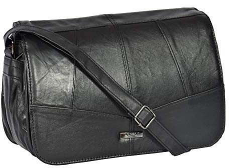 A1 FASHION GOODS Alfa Grand sac à bandoulière en cuir souple avec rabat pour femme Noir, Noir , Medium