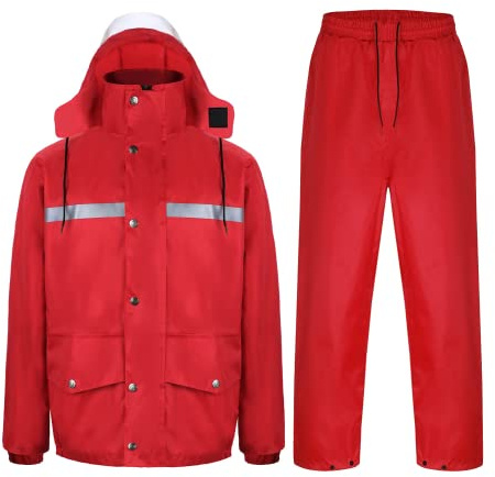 Yukirtiq Impermeabile Uomo per Attività All'aperto 2 Pezzi Set di Giacca e Pantaloni da Pioggia Tuta Antipioggia Riflettente Giacca Antipioggia a Poncho con Pantaloni, Rosso, XL
