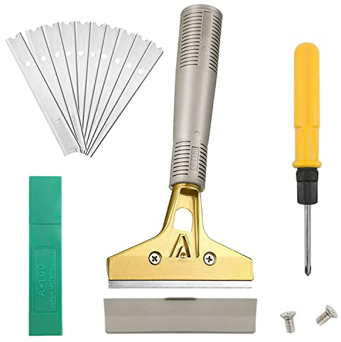 XPOOP Raschietto a Lama da 4 Pollici, Raschietto in Alluminio Multiuso con Viti, Utilizzato per Rimuovere Etichette, Adesivi e Carta da Parati su Legno, Finestre e Vetro (Con 10 Lame Metalliche)