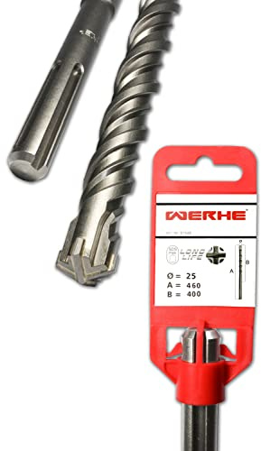 WERHE Punta per Calcestruzzo SDS Max Ø 25 mm, 460 mm | punta in metallo duro, elevata resistenza antiusura, doppia spirale, lunghezza di lavoro 400 mm, peso 0,88 kg