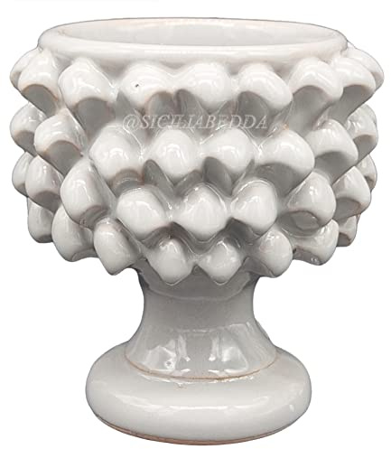 sicilia bedda - Mezza Pigna Siciliana in Ceramica di CALTAGIRONE - Realizzata Interamente a Mano - Vaso Porta Fiori - Ogni Realizzazione è Unica per Voi (Diametro 10, Bianco)