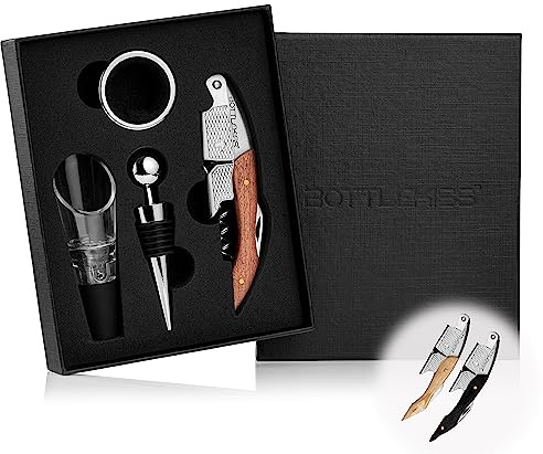 BOTTLEKISS® Korkenzieher Set 4-teilig – Weinöffner Set mit Edelstahl Korkenzieher, Abtropfring, Ausgießer & Flaschenverschluss – Wein Geschenkset für Sommelier & Weinliebhaber (Rosenholz))