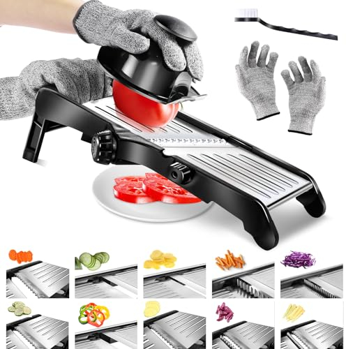 Masthome Mandolina per Verdure Regolabile, 10 in 1 Mandolina Acciaio Inox Professionale con Guanti di Sicurezza, Affetta Verdure Manuale Taglia Verdure Multifunzione per Patate Carote Cavolo Pomodori