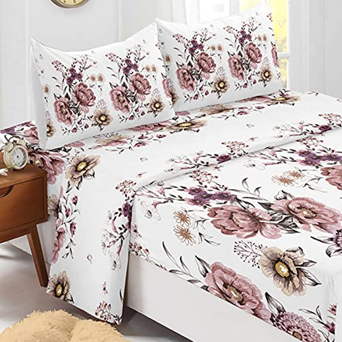 Odot Parure Drap Housse Drap Plat Taie d'oreiller, Motif Fleurs Draps Housses avec Bonnet 40cm, pour Adulte Enfant, Lit 1~2 Personnes (140x190cm-4 Pieces,Fleur de Pivoine)