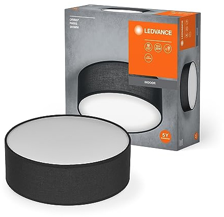 LEDVANCE ORBIS PARIS Deckenleuchte 300mm, schwarz, E27-Sockel, kann mit smarter Lampe bestückt werden, hochwertiges, modernes Design, mit Stoffschirm, geeignet für Innenräume, rund, IP20 Schutzklasse