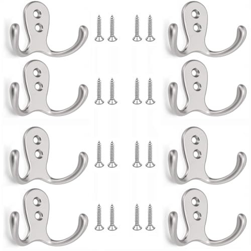 yenlk 8 PCS Double Prong Robe Hooks, Dual Coat Door Hooks with 16 PCS Screws, Chrome Wall Mounted Hooks for Hanging Hat Tie Clothes Towel Metal Retro Cloth Hanger Silver for Bedroom Bathroom Kitchen