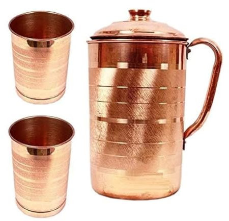 jewellary hub - Brocca per acqua in puro rame martellato, brocca in rame, bicchieri in rame, con 2 bicchieri da acqua martellati in rame per la salute dell'Ayurveda (rame, 2 litri)