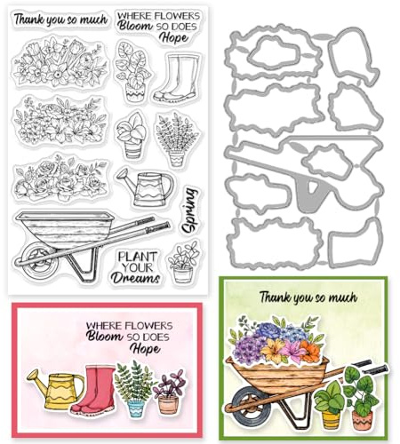 INFUNLY 2 Stück Frühlingsblumen-Stempel Und Stanzformen Für Die Kartenherstellung Inspirierendes Wort Transparenter Stempel Garten-Stanzformen Topfpflanze Gummistempel Sprühflasche Stanzform Für Scra