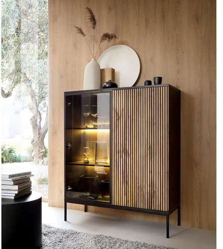 Lomadox Highboard Anrichte mit Beleuchtung Wohnzimmer Esszimmer in schwarz mit Wotan Eiche