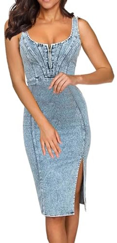 Generic Damen-Jeanskleid mit kurzen Ärmeln und U-Ausschnitt Winterkleid Damen Langarm (Blue, XL)