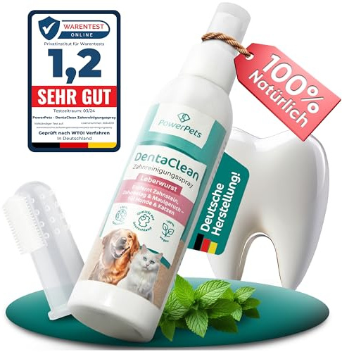 PowerPets - Dentalspray LEBERWURST + GRATIS Fingerzahnbürste 130ml [ Hunde & Katzen ] -100% natürliche Maulhygiene - Schluss mit Zahnbelag | Zahnsteinentferner, Zahnreinigungsspray