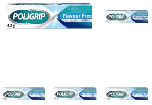 Poligrip Denture Adhesive Fixative Cream, Adhesive Flavour Free for strong all-day hold of dentures, 40g (Pack of 5)